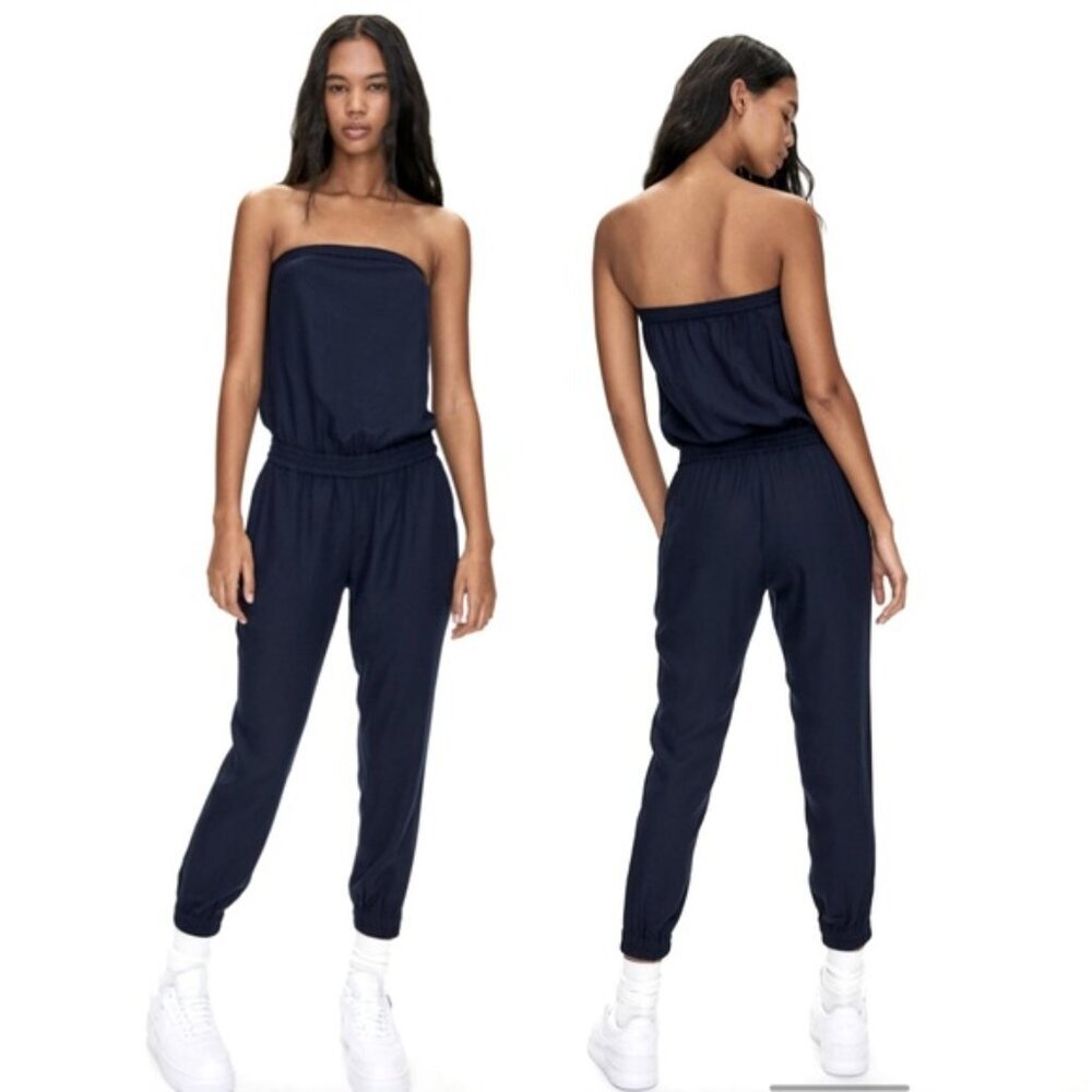 ARITZIA Talula Tabata Strapless Jumpsuit Black Jogger Pant Elastic Pocket Light
